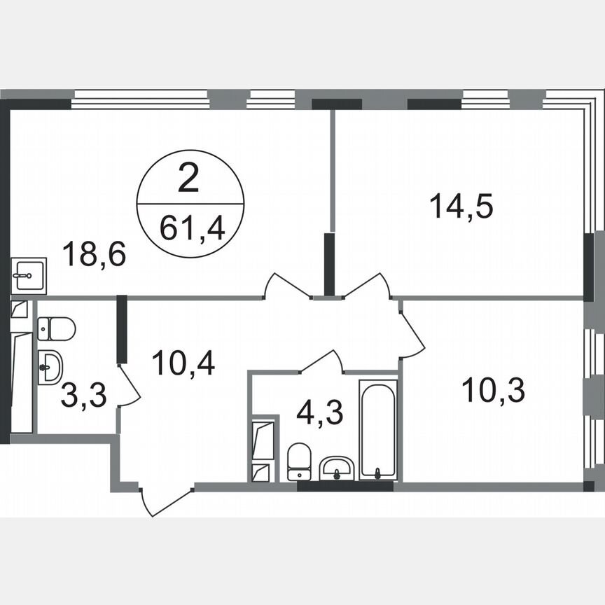 2-к. квартира, 61,4 м², 14/17 эт.