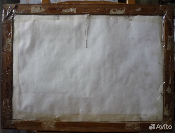 Старая акварель в деревянной раме. Середина 20 век