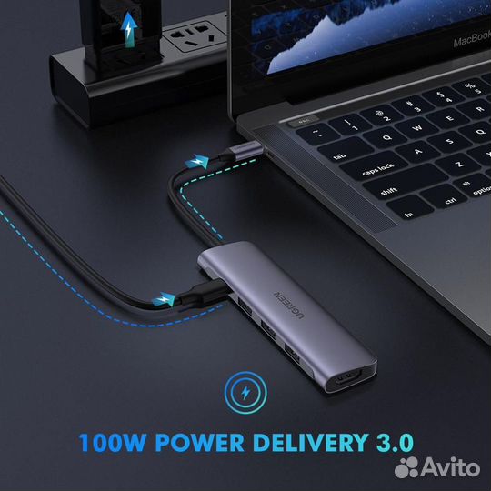 Конвертер Type-C 5 в 1 - hdmi +USB 3.0*3 +PD power