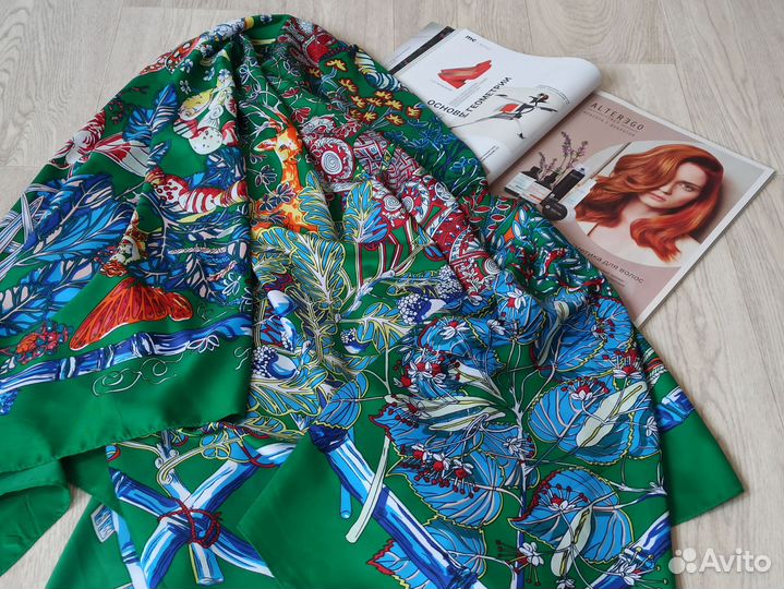 Платок Шаль Hermes Шелк Зелёный