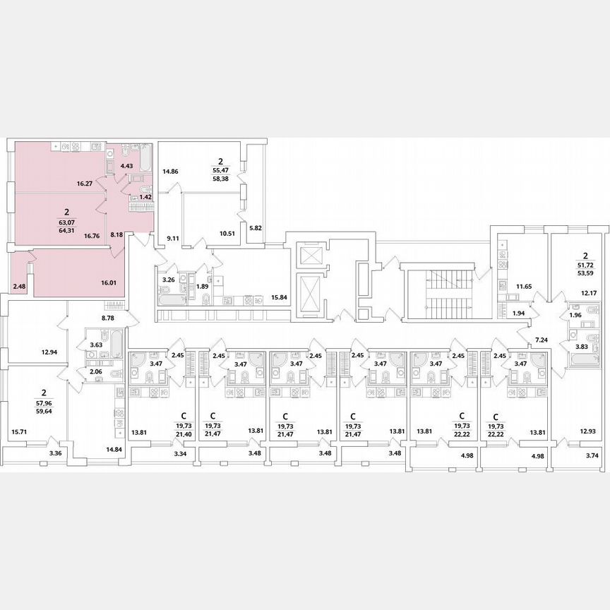 2-к. квартира, 64,3 м², 8/12 эт.