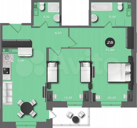 2-к. квартира, 71,2 м², 8/22 эт.