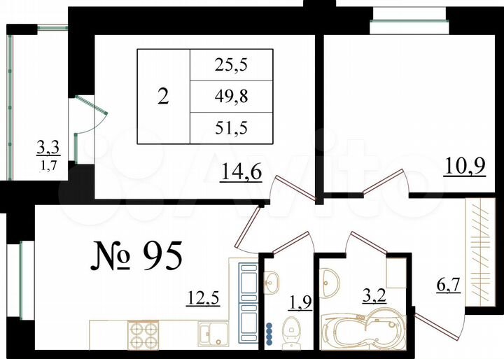 2-к. квартира, 51,5 м², 3/8 эт.