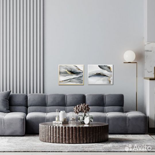 2 серые картины с золотом для интерьера чернилами