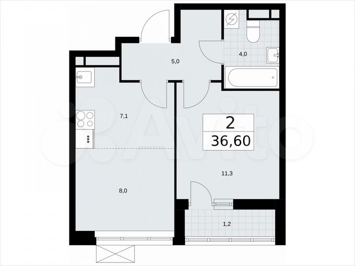 2-к. квартира, 36,6 м², 4/9 эт.