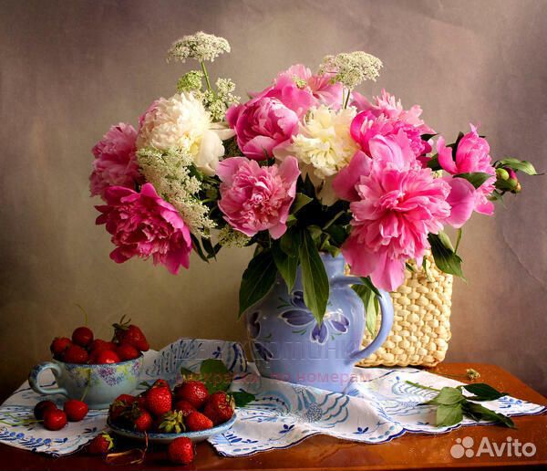 Картина по номерам 40x50 Пионы в кувшине и клубник