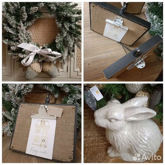 Кролик статуэтка новогодний венок шишки