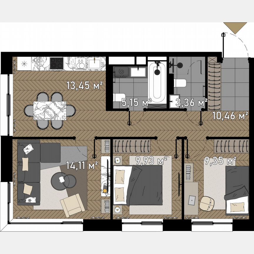 3-к. апартаменты, 67,3 м², 17/23 эт.