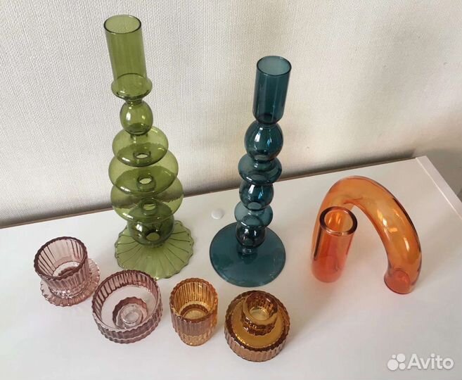 Подсвечник винтажный интерьерный цветное стекло