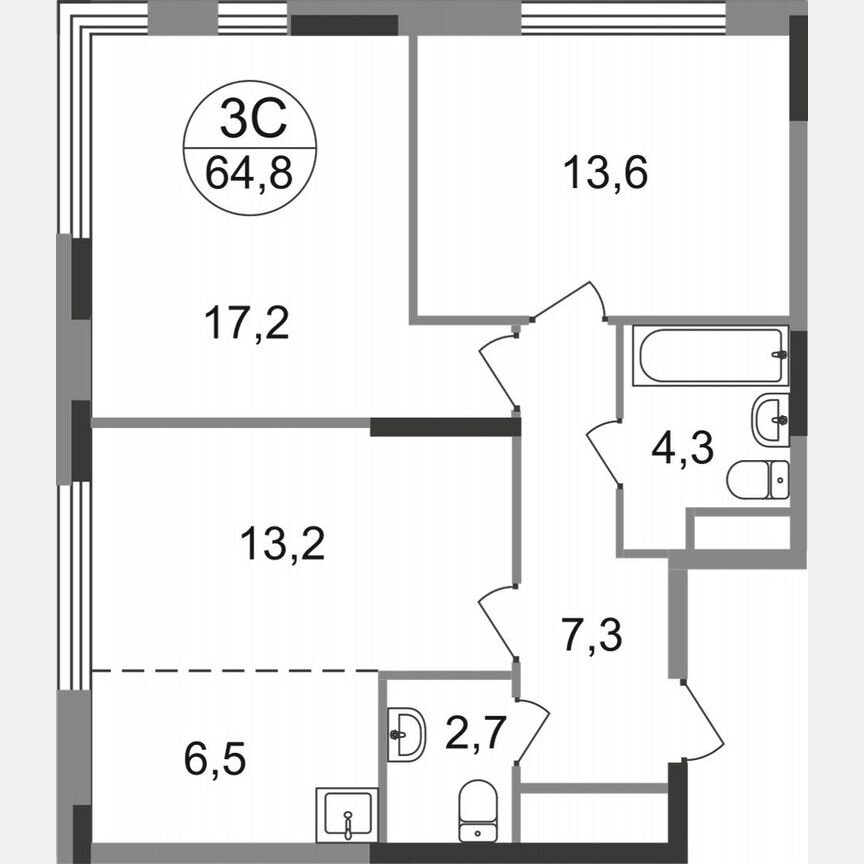3-к. квартира, 64,8 м², 13/17 эт.