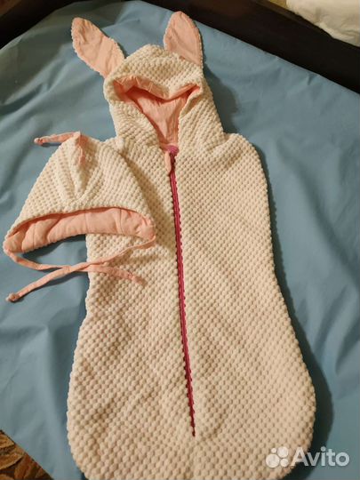 Конверт на выписку,кокон теплый с ушками зайчика