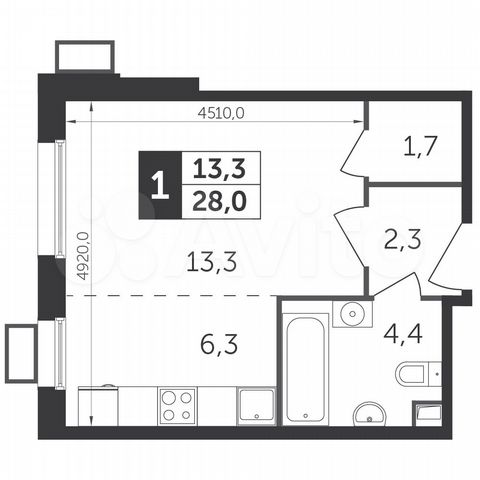 Квартира-студия, 27,9 м², 21/22 эт.