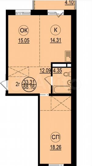 2-к. квартира, 68,3 м², 4/6 эт.