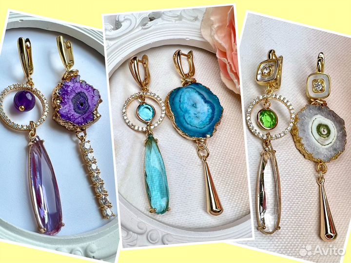 Асимметричные серьги с друзой агата