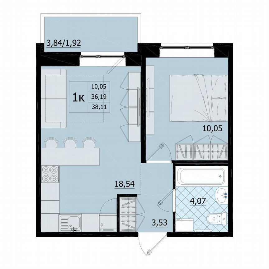 1-к. квартира, 38,1 м², 9/9 эт.