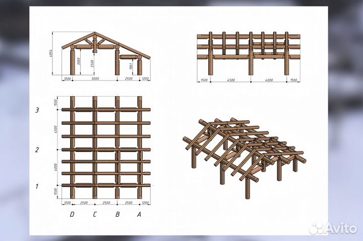 Навес для трех машин из бревна 7,5 на 8,5 метров