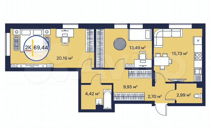 2-к. квартира, 69,6 м², 21/23 эт.