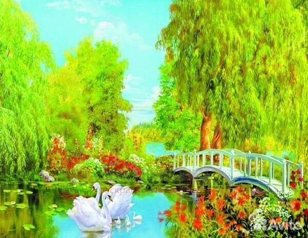 Алмазная мозаика 40x50 Белые лебеди у мостика