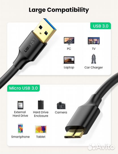 Кабель micro USB-USB 3.0 круглый 0,50 м. черный Ug