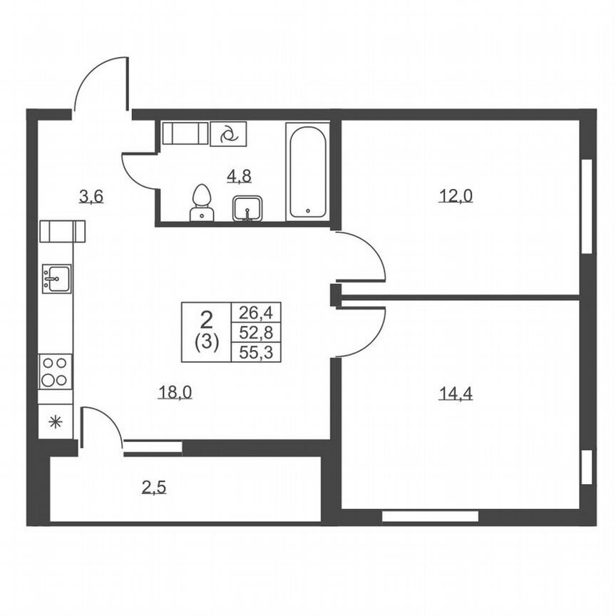 2-к. квартира, 55,3 м², 6/8 эт.