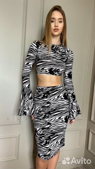 Сет лонг и юбка зебра трикотаж слим