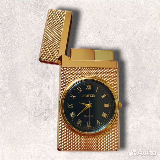 Подарочная газовая золотая (3) зажигалка с часами