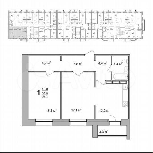 2-к. квартира, 69,1 м², 13/17 эт.
