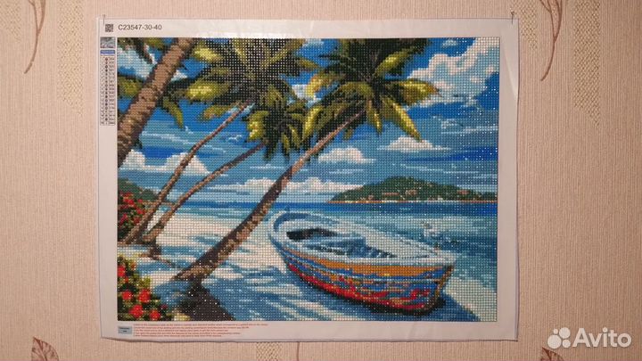 Картина Пляж лодка пальмы Алмазная мозаика