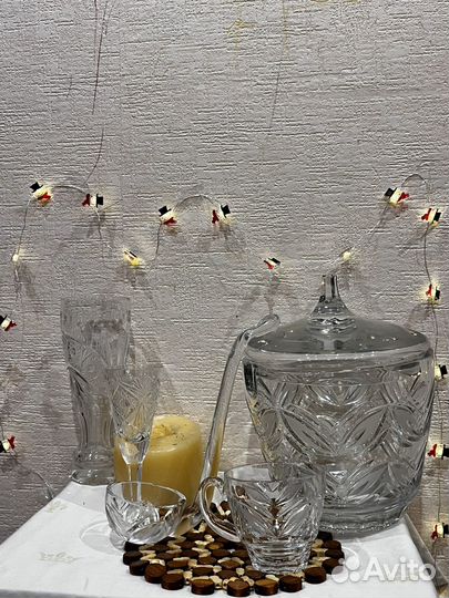 Хрустальная компотница с кружками и половником