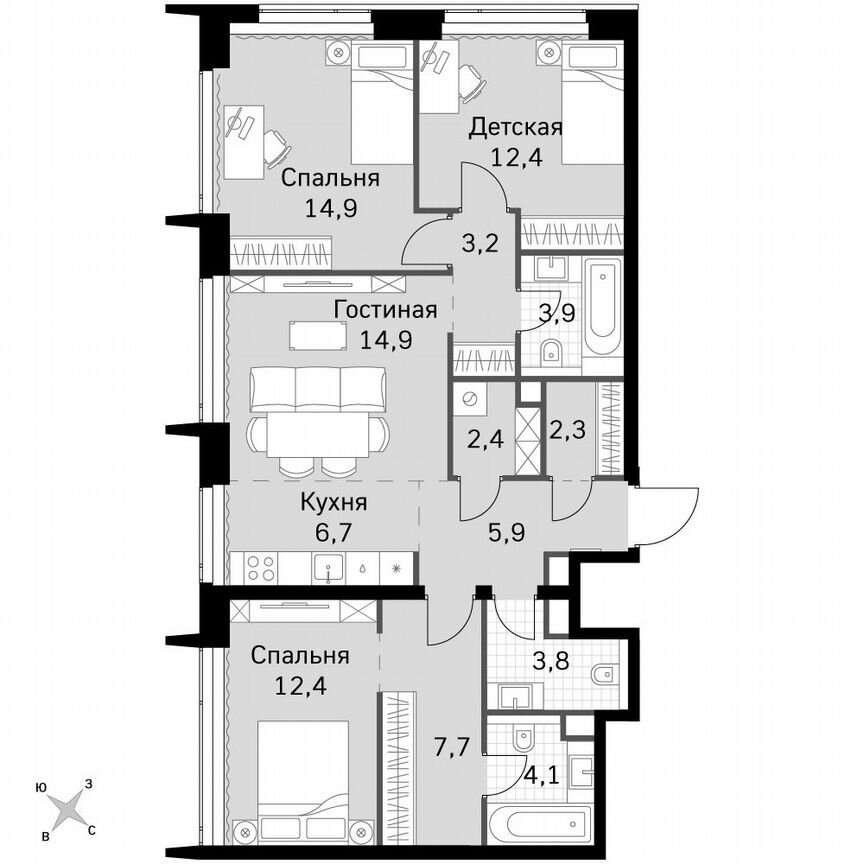 3-к. квартира, 94,6 м², 48/60 эт.