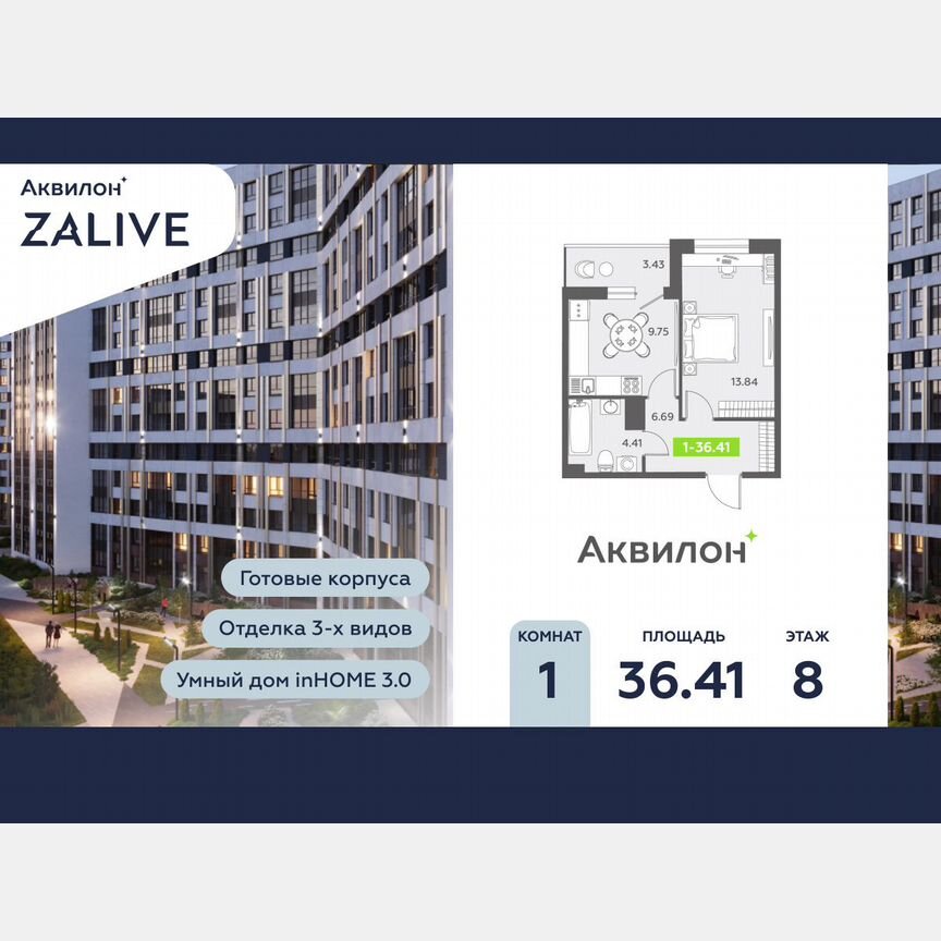 1-к. квартира, 36,8 м², 8/13 эт.