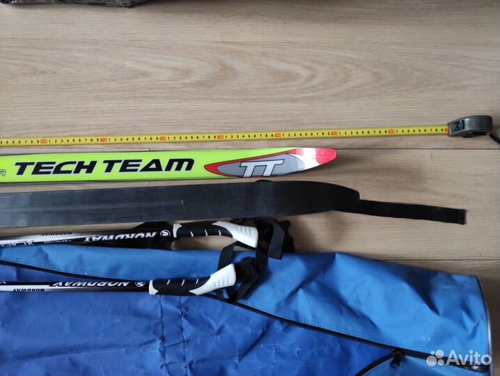 Лыжи 150см, лыжные палки 110см, ботинки, чехол
