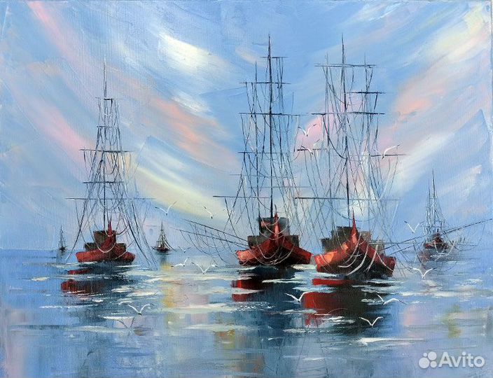 Картина маслом Парусники Рассвет, 40 на 50 см