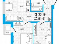 3-к. квартира, 51,4 м², 12/25 эт.