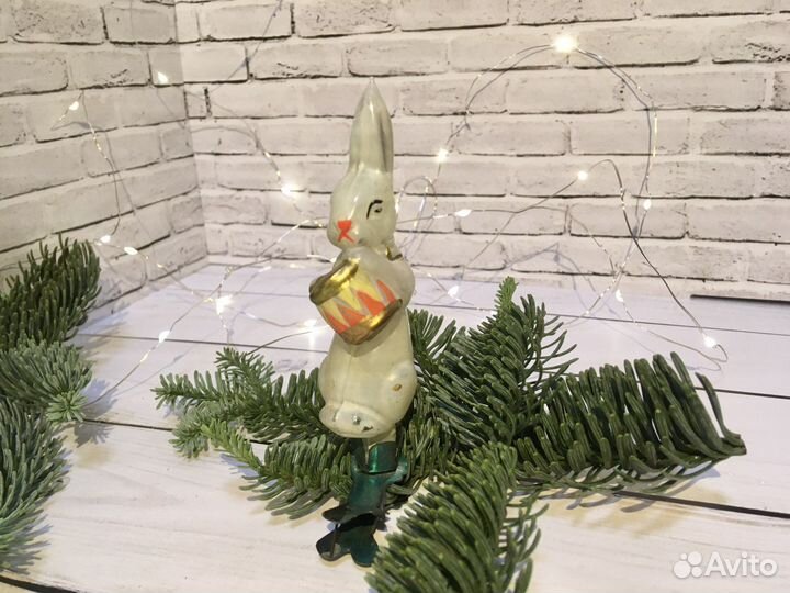 Елочная игрушка СССР заяц с барабаном