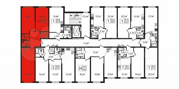 2-к. квартира, 74,8 м², 2/9 эт.