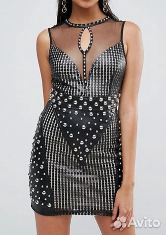 Черное платье эко кожа заклепки пайетки шипы