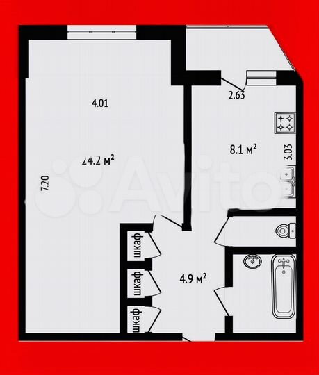 1-к. квартира, 42,6 м², 5/5 эт.