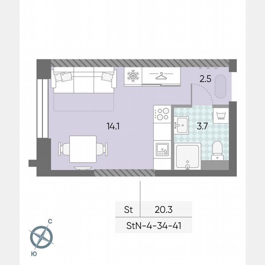 1-к. квартира, 20,3 м², 35/43 эт.