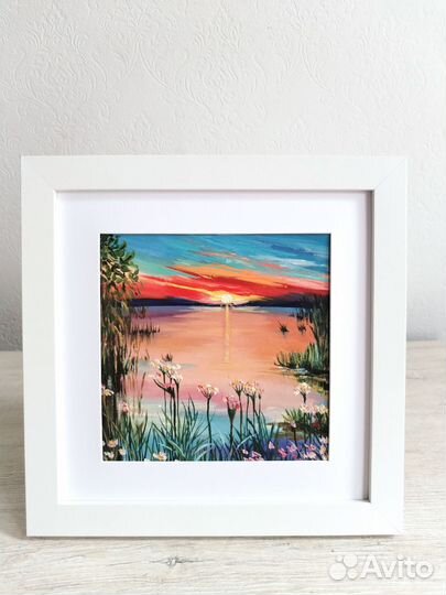 Картина маслом Летний пейзаж Закат над озером