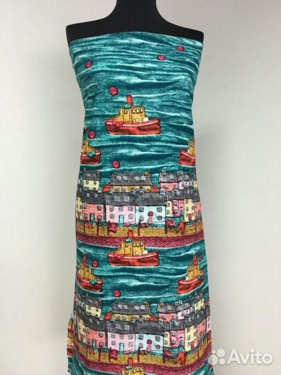 Ткань трикотаж кулирка кораблики и ромашки