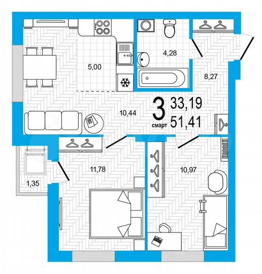 3-к. квартира, 51,4 м², 13/18 эт.