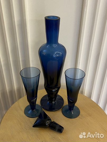 Штоф декандер с бокалами Мачнев кобальтовое стекло