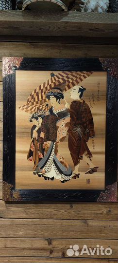 Японская гравюра.Кпртина в технике маркетри