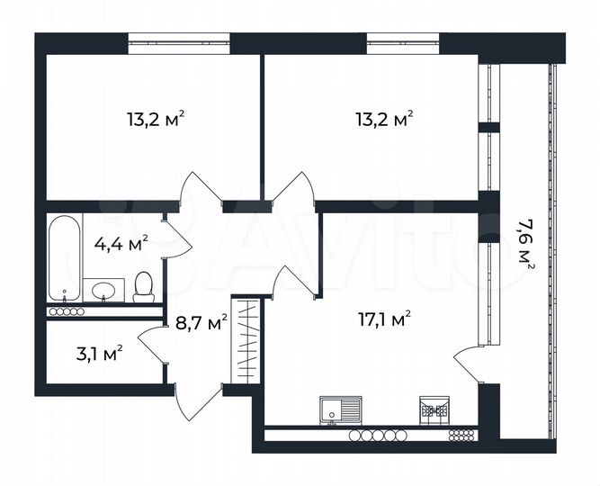 2-к. квартира, 63,5 м², 3/5 эт.