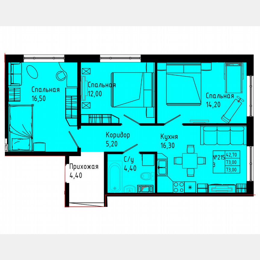 3-к. квартира, 73 м², 7/8 эт.