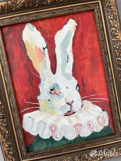 Картина маслом Белый кролик 20х15 холст
