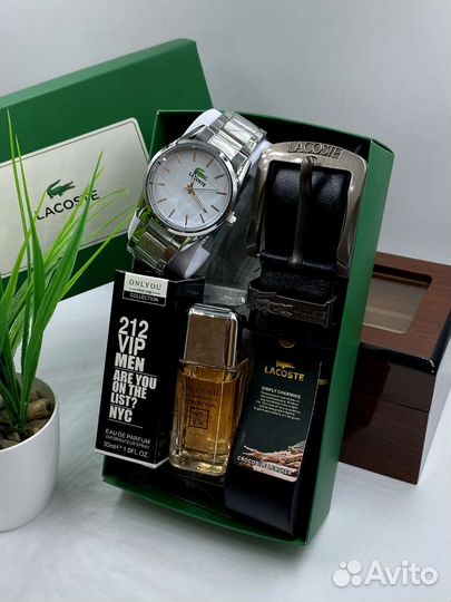 Подарочный набор мужской Lacoste,часы,ремень,духи