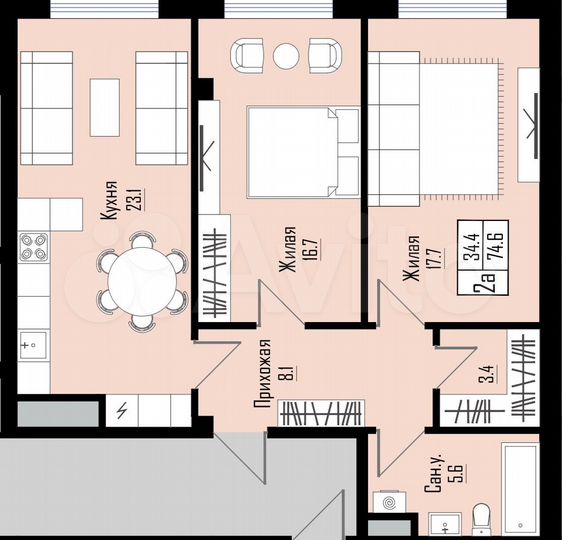 2-к. квартира, 74,6 м², 4/12 эт.