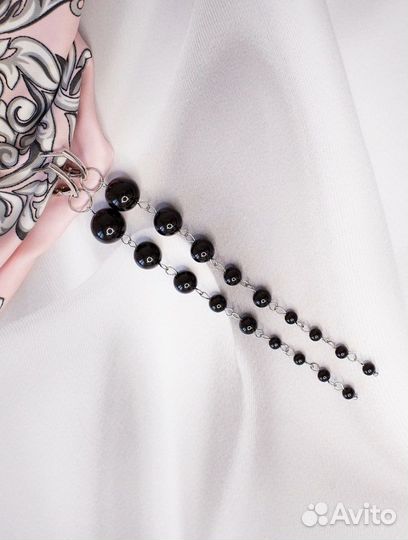 Серьги длинные серебро натуральный черный агат